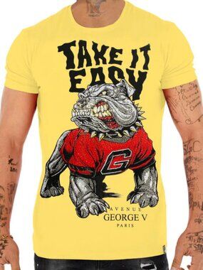 Avenue George V Paris T-Shirt rhinestone bulldog men’s Yellow Short Sleeve S M L